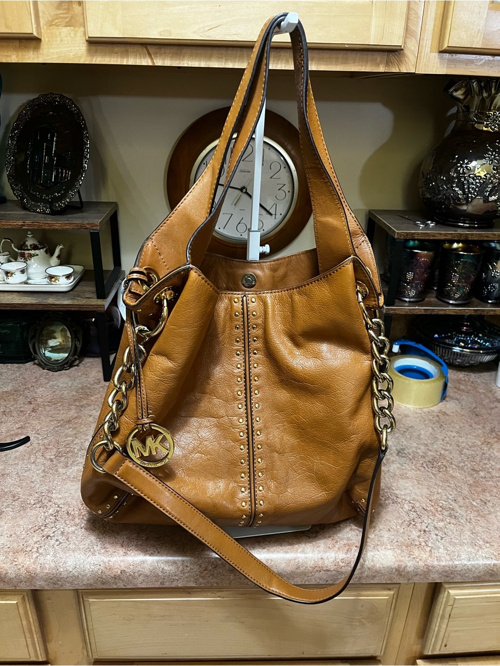 Michael Kors Cognac Leather Shoulder Hobo with Gold Accents